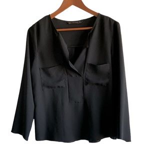Zara Silky Long Sleeve Blouse Open Neck Line Black Medium Women's